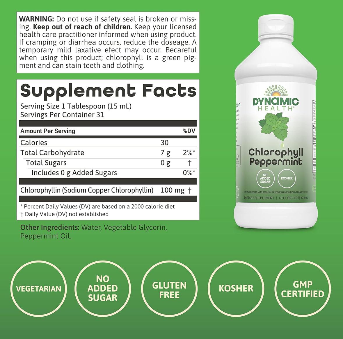 Dynamic Health Liquid Chlorophyll Peppermint 100 mg, No Added Sugar, 16 Fl Oz