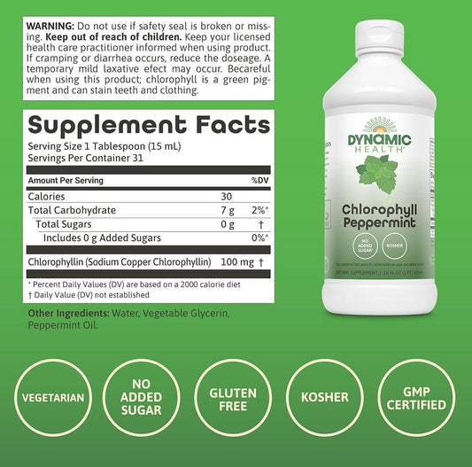 Dynamic Health Liquid Chlorophyll Peppermint 100 mg, No Added Sugar, 16 Fl Oz